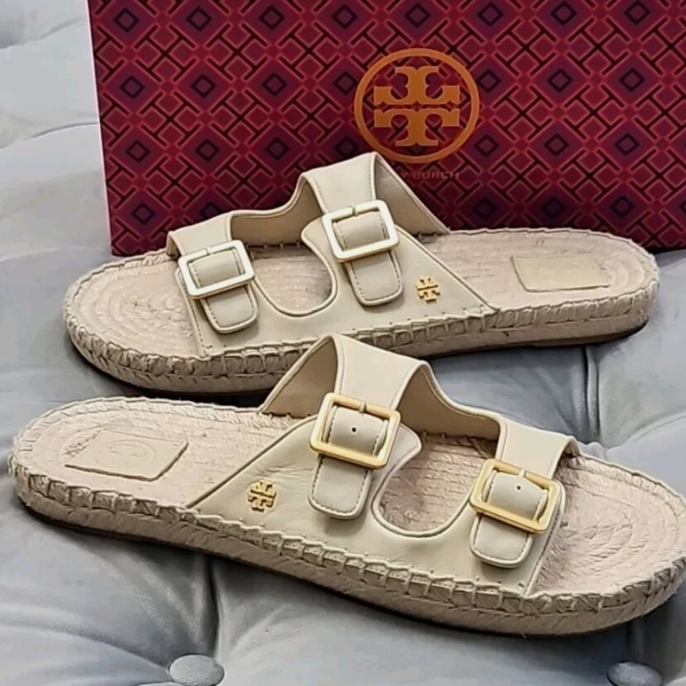 Tory Burch Beige Espadrille Slides with Gold Accents